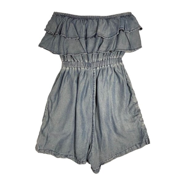 Blue Rain Chambray Romper Size Small Tencel Fabric Sleeveless Ruffles - Picture 4 of 7